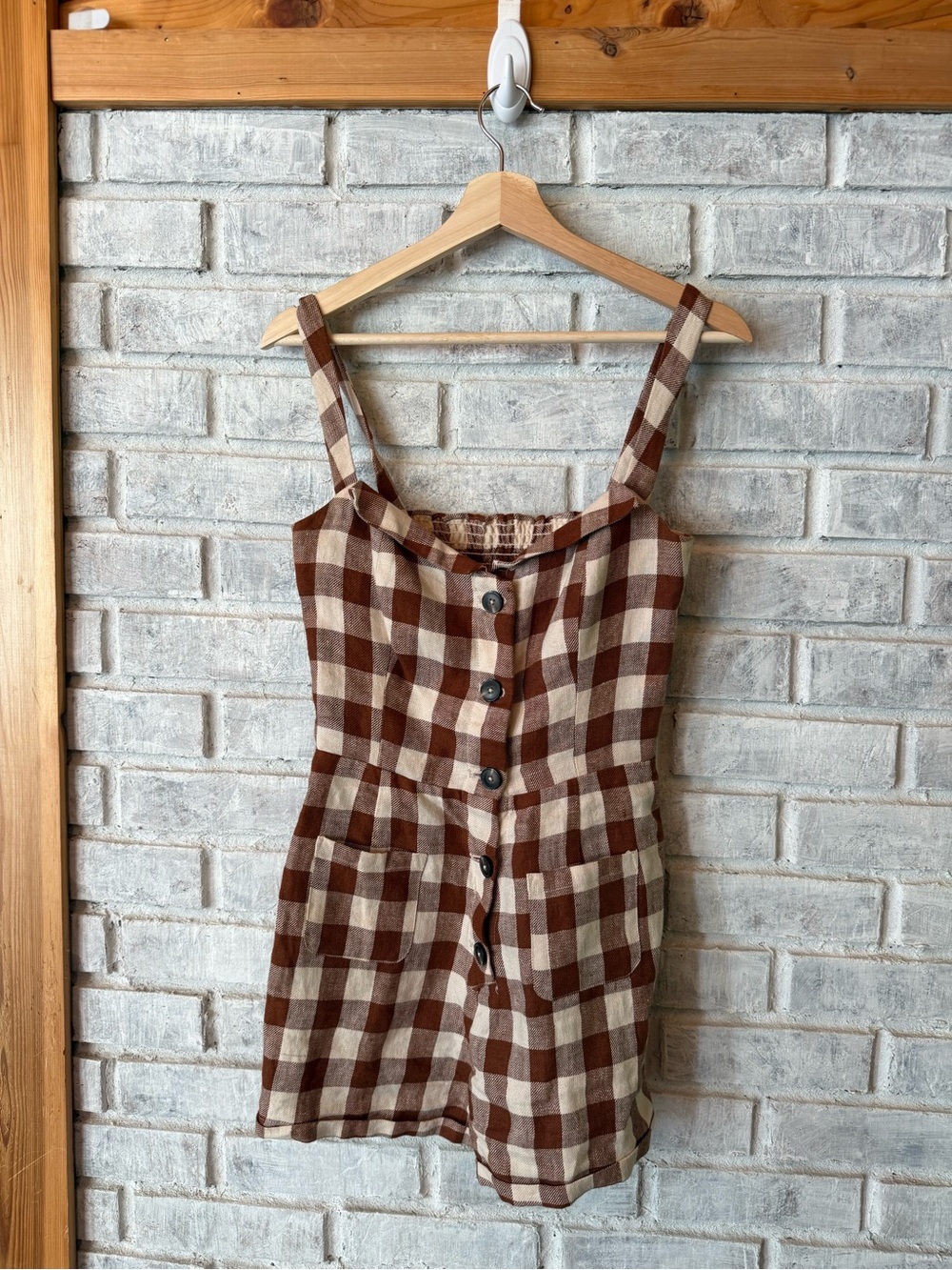 Reformation Brown and Cream Plaid Linen Romper